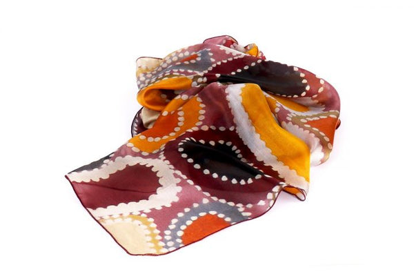 Waringarri Aboriginal Arts Centre - Minnie Lumai 'Yab-Yabbe-Geni-Nim' Silk Scarf (m/war012)