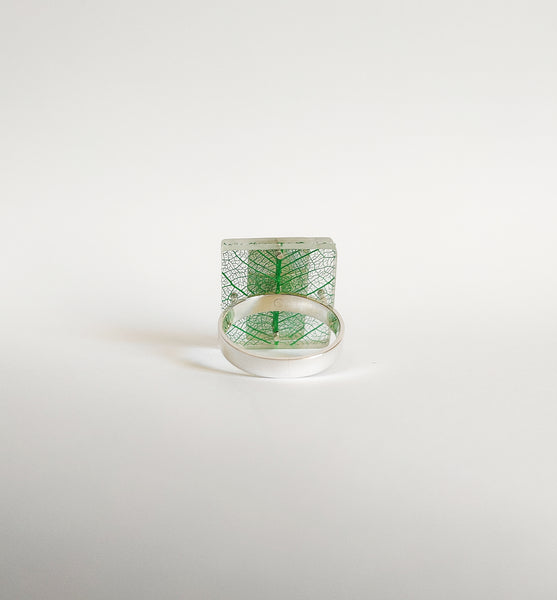 Rumma Designs - Green Leaf Skeleton Ring (size P 1/2) Rubber Tree Leaf Skeleton, Acrylic, Sterling Silver (kch002)