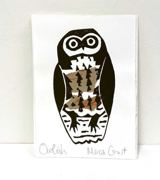 Moira Court - 'Owlish' Lino Print and Collage (mco035)