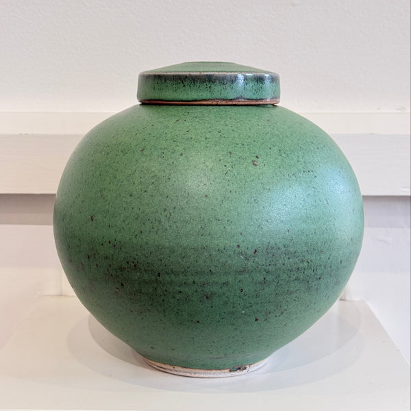 Greg Crowe -Green Lidded Sphere, 2025. Stoneware Clay, Gas Fired Reduction (gcr331)