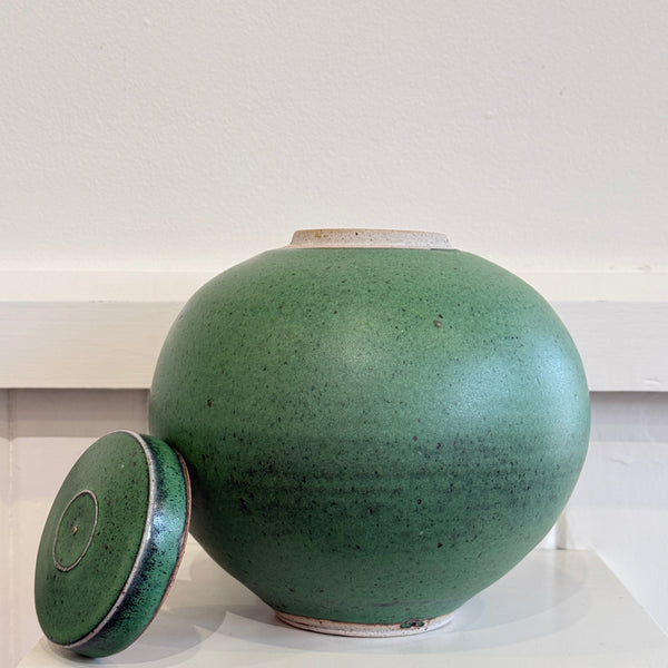 Greg Crowe -Green Lidded Sphere, 2025. Stoneware Clay, Gas Fired Reduction (gcr331)
