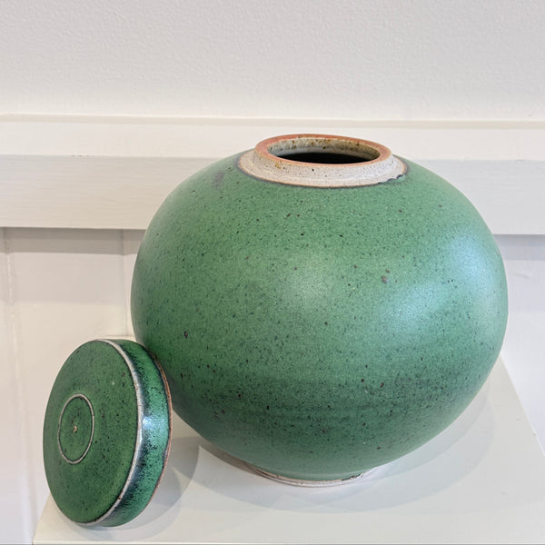 Greg Crowe -Green Lidded Sphere, 2025. Stoneware Clay, Gas Fired Reduction (gcr331)