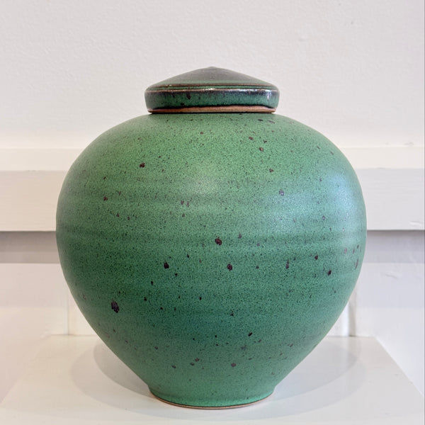 Greg Crowe -Green Lidded Sphere, 2025. Stoneware Clay, Gas Fired Reduction (gcr331)