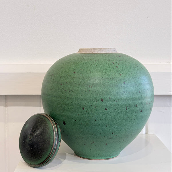 Greg Crowe -Green Lidded Sphere, 2025. Stoneware Clay, Gas Fired Reduction (gcr331)