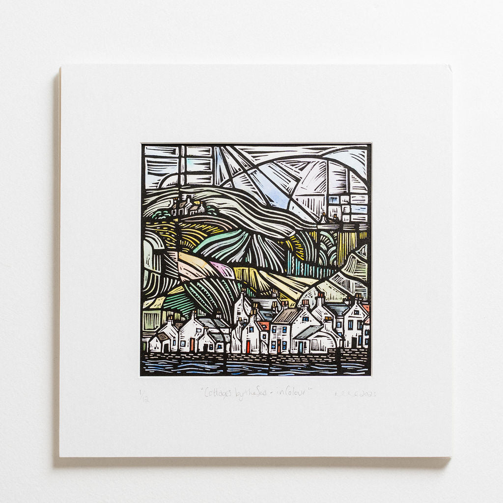 Nicola Cowie - 'Cottages by the Sea' Lino Printmaking with Watercolour 1/10 (nco035)
