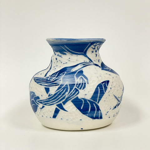 Rowena Harries - Blue & White Bird Flower Sgraffito Vase Large (rha002)