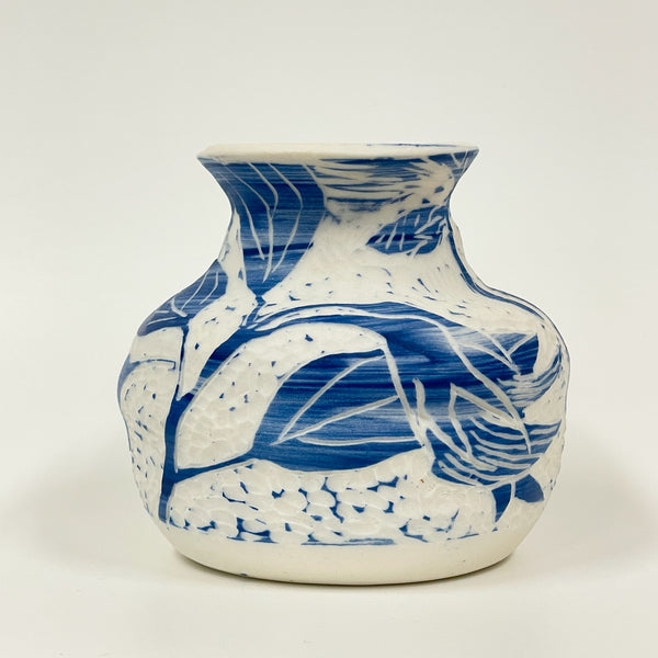 Rowena Harries - Blue & White Bird Flower Sgraffito Vase Large (rha002)