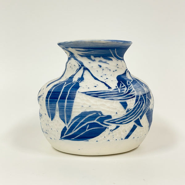 Rowena Harries - Blue & White Bird Flower Sgraffito Vase Large (rha002)