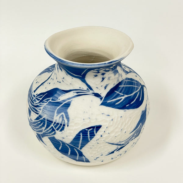 Rowena Harries - Blue & White Bird Flower Sgraffito Vase Large (rha002)