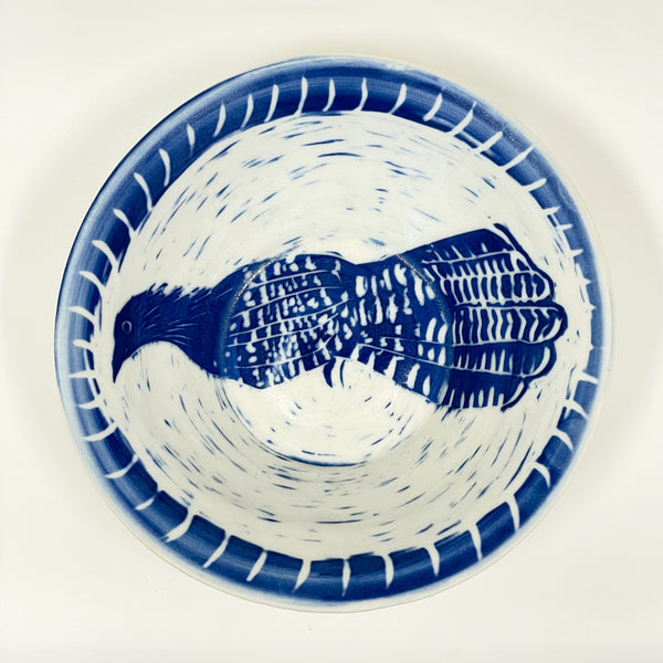 Rowena Harries - Blue & White Pheasant Coucal Sgraffito Bowl Large (rha006)