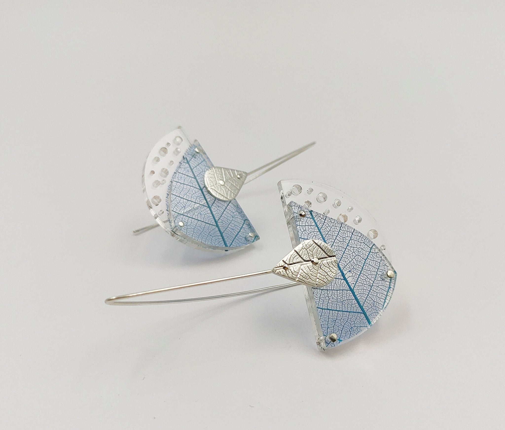 Rumma Designs - Blue Leaf Skeleton Earrings, Rubber Tree Leaf Skeleton, Acrylic, Sterling Silver (kch007)