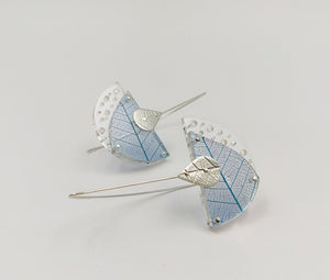 Rumma Designs - Blue Leaf Skeleton Earrings, Rubber Tree Leaf Skeleton, Acrylic, Sterling Silver (kch007)