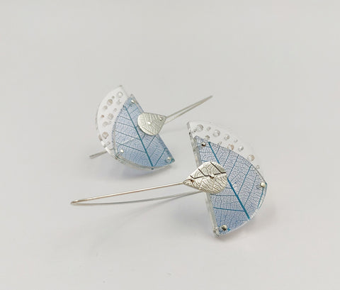 Rumma Designs - Blue Leaf Skeleton Earrings, Rubber Tree Leaf Skeleton, Acrylic, Sterling Silver (kch007)