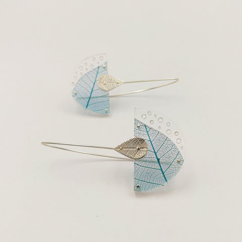 Rumma Designs - Aqua Leaf Skeleton Earrings, Acrylic, Sterling Silver (kch009)