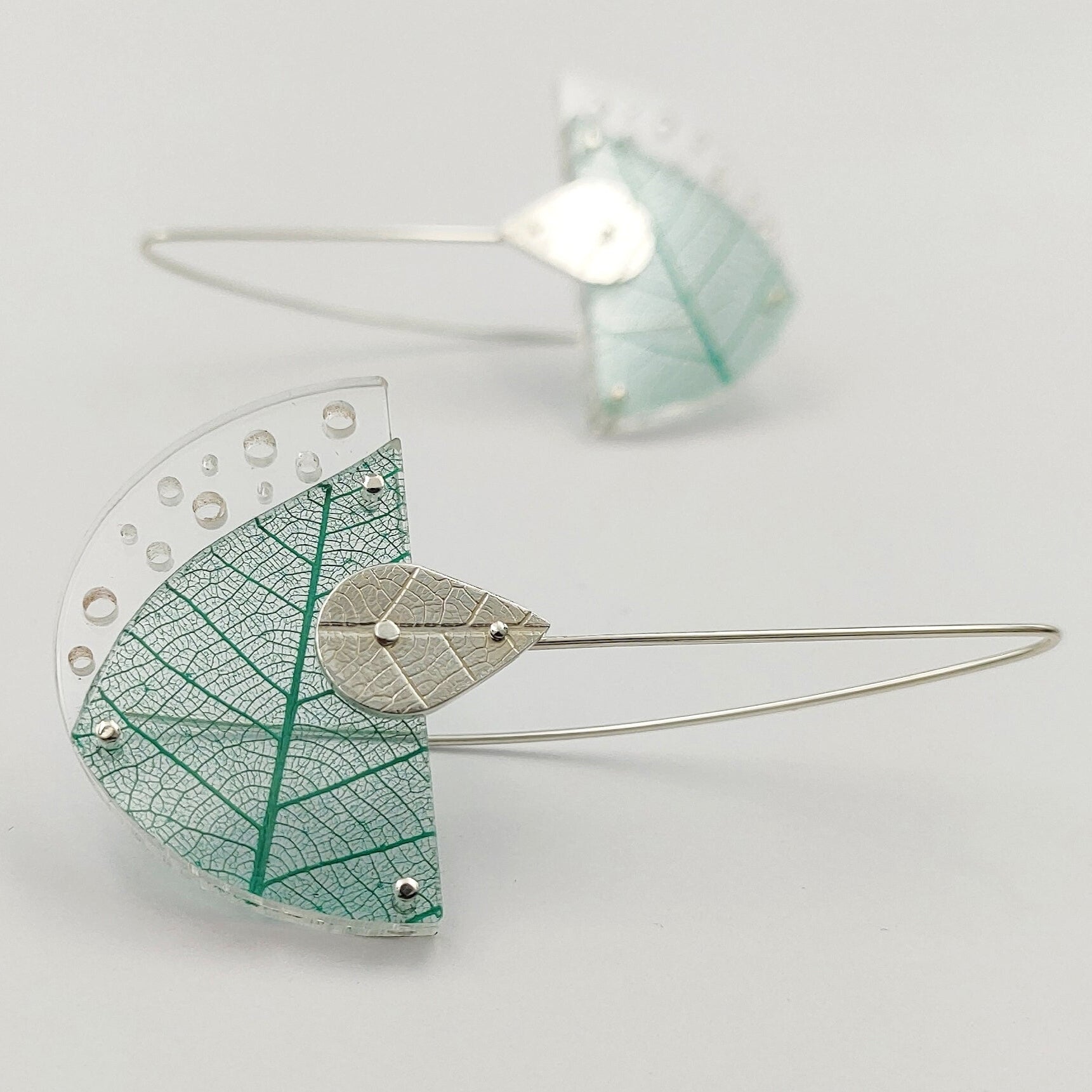Rumma Designs - Green Leaf Skeleton Earrings, Acrylic, Sterling Silver (kch010)