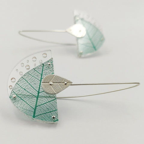 Rumma Designs - Green Leaf Skeleton Earrings, Acrylic, Sterling Silver (kch010)