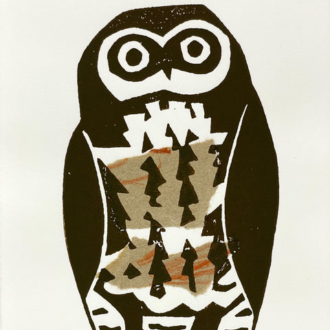Moira Court - 'Owlish' Lino Print and Collage (mco035)