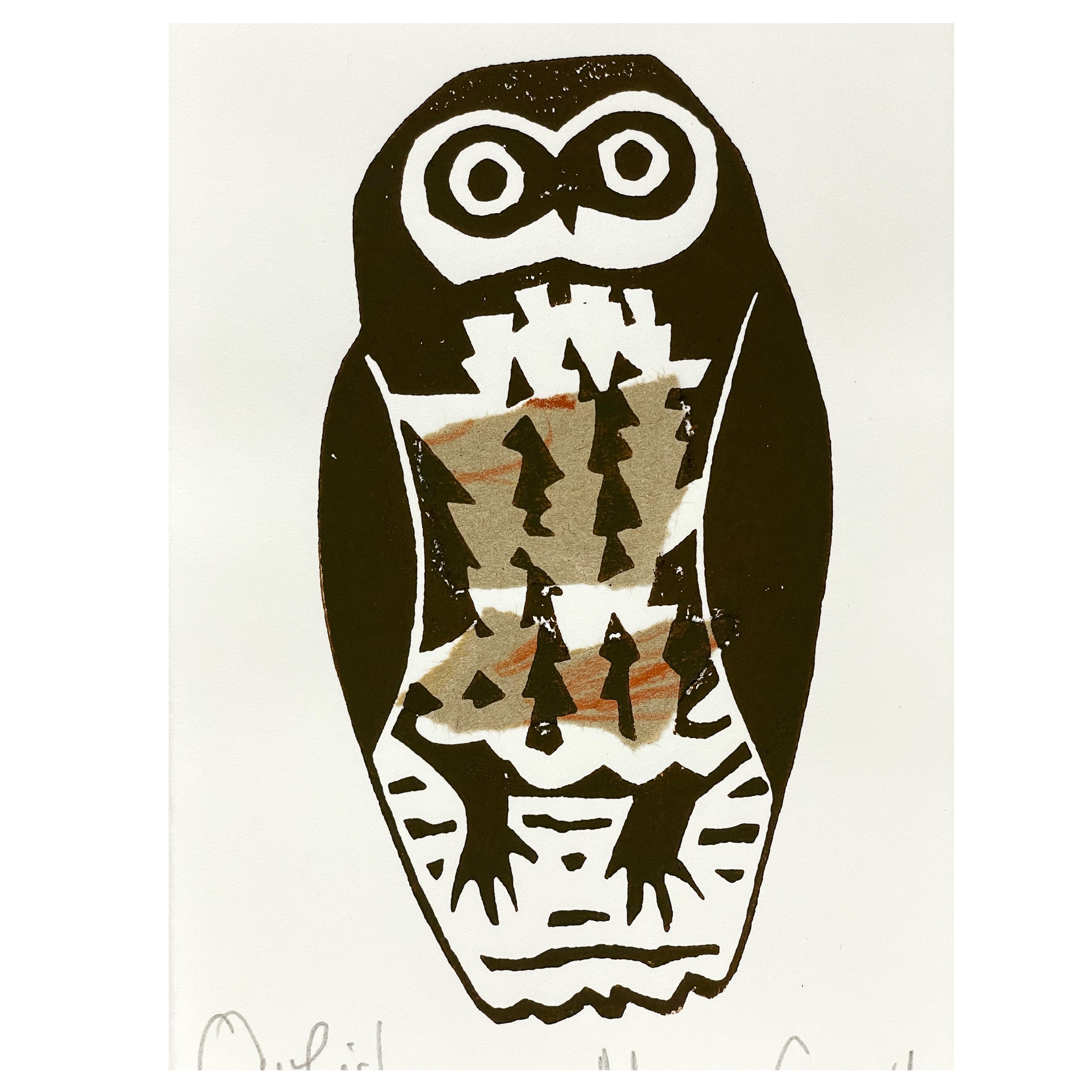 Moira Court - 'Owlish' Lino Print and Collage (mco035)