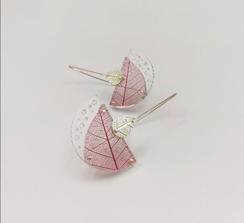 Rumma Designs - Red Leaf Skeleton Earrings - Rubber Tree Leaf Skeleton, Acrylic, Sterling Silver (kch006)