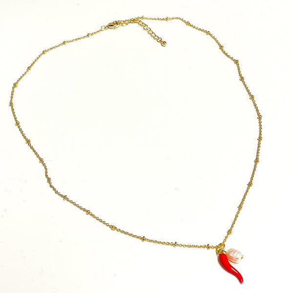 Merana Jewellery by Ana Maria - Chilli and Pearl Pendant Necklace with Gold Plated Finish (avi011)
