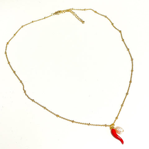 Merana Jewellery by Ana Maria - Chilli and Pearl Pendant Necklace with Gold Plated Finish (avi011)