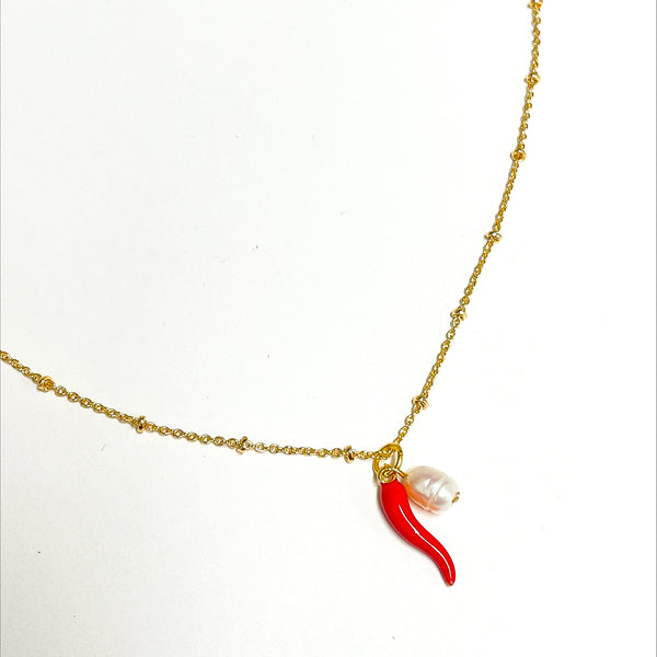 Merana Jewellery by Ana Maria - Chilli and Pearl Pendant Necklace with Gold Plated Finish (avi011)