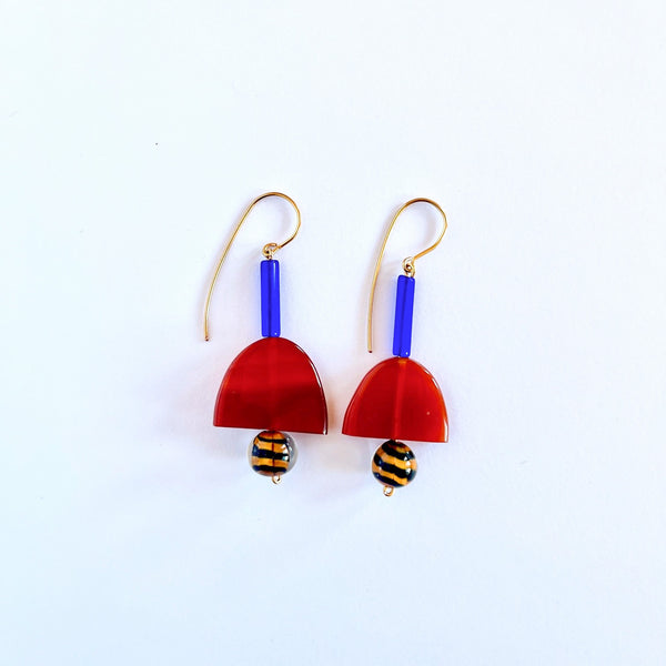 Sultana Shamshi - Carnelian with Glass Bead and Gold-Plated Copper Earrings (ssh039)