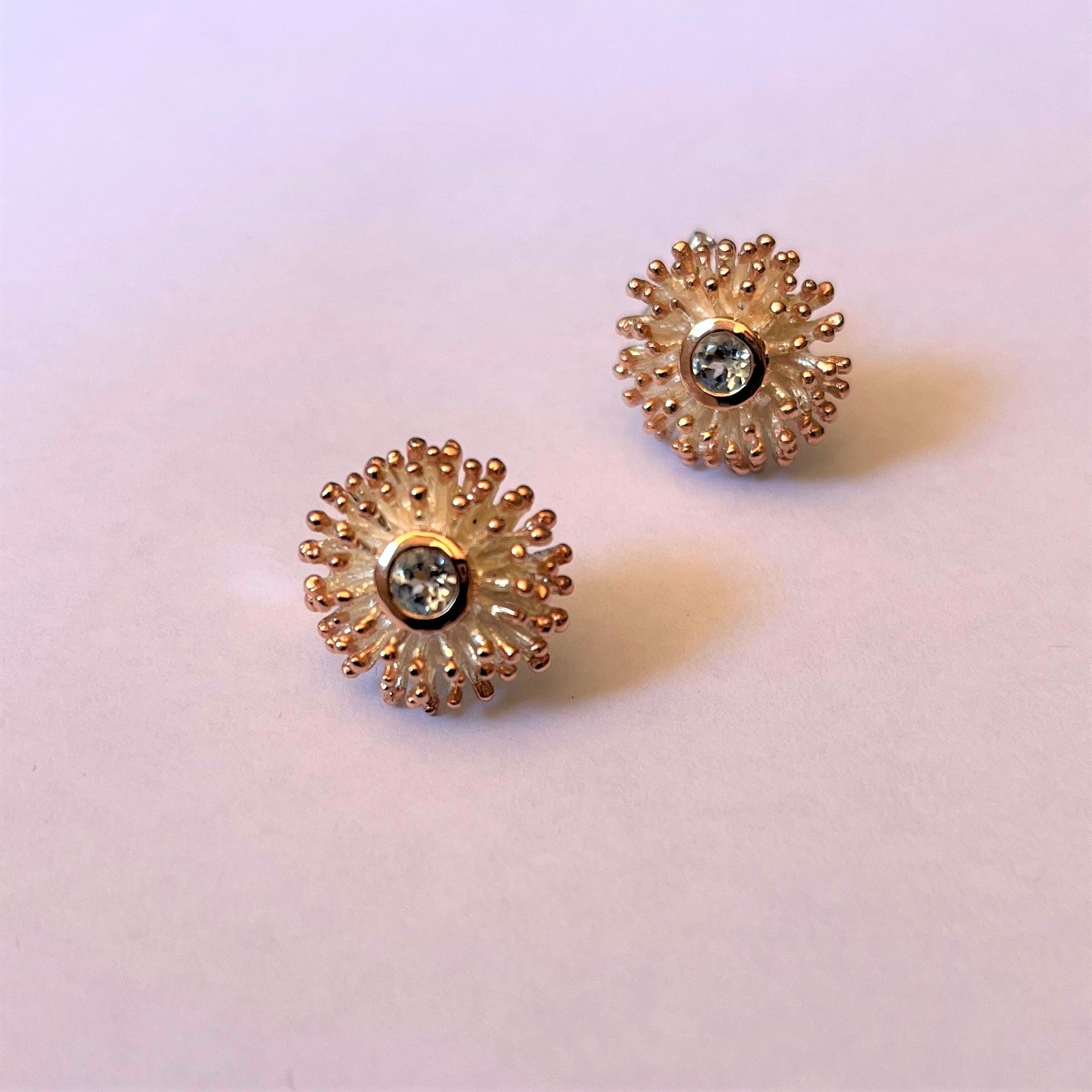 Keiko Uno - 'Anemone' Large Studs with Blue Topaz and Rose Gold Accents (kun101)