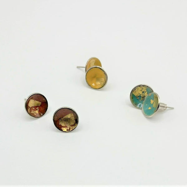 Andrea Osses - Sterling Silver with Enamel Round Stud Earrings with 24ct Gold Leaf (aos057)